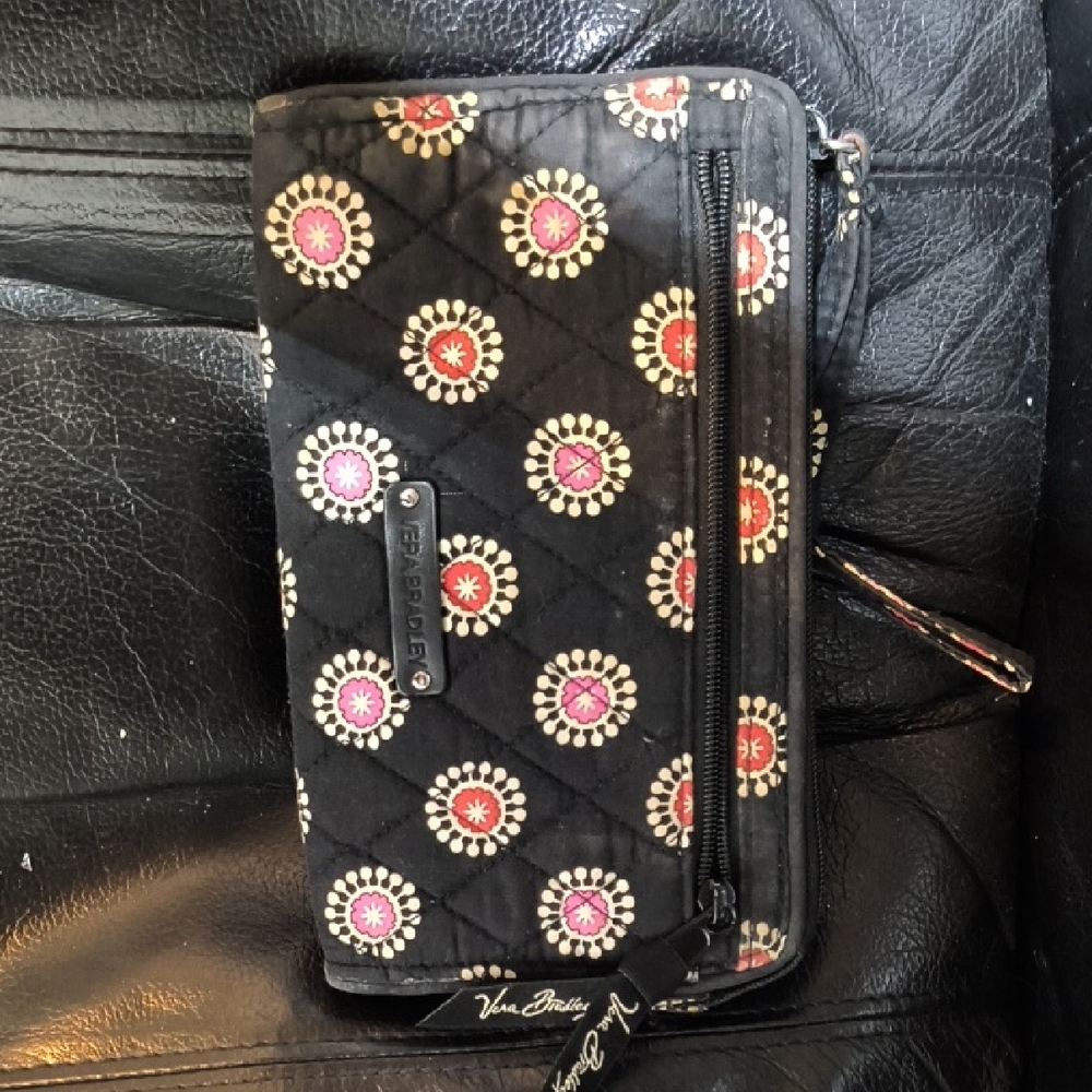 Vera Bradley Black Quilted Floral Zip-Around Wallet with Pink & Red Accents